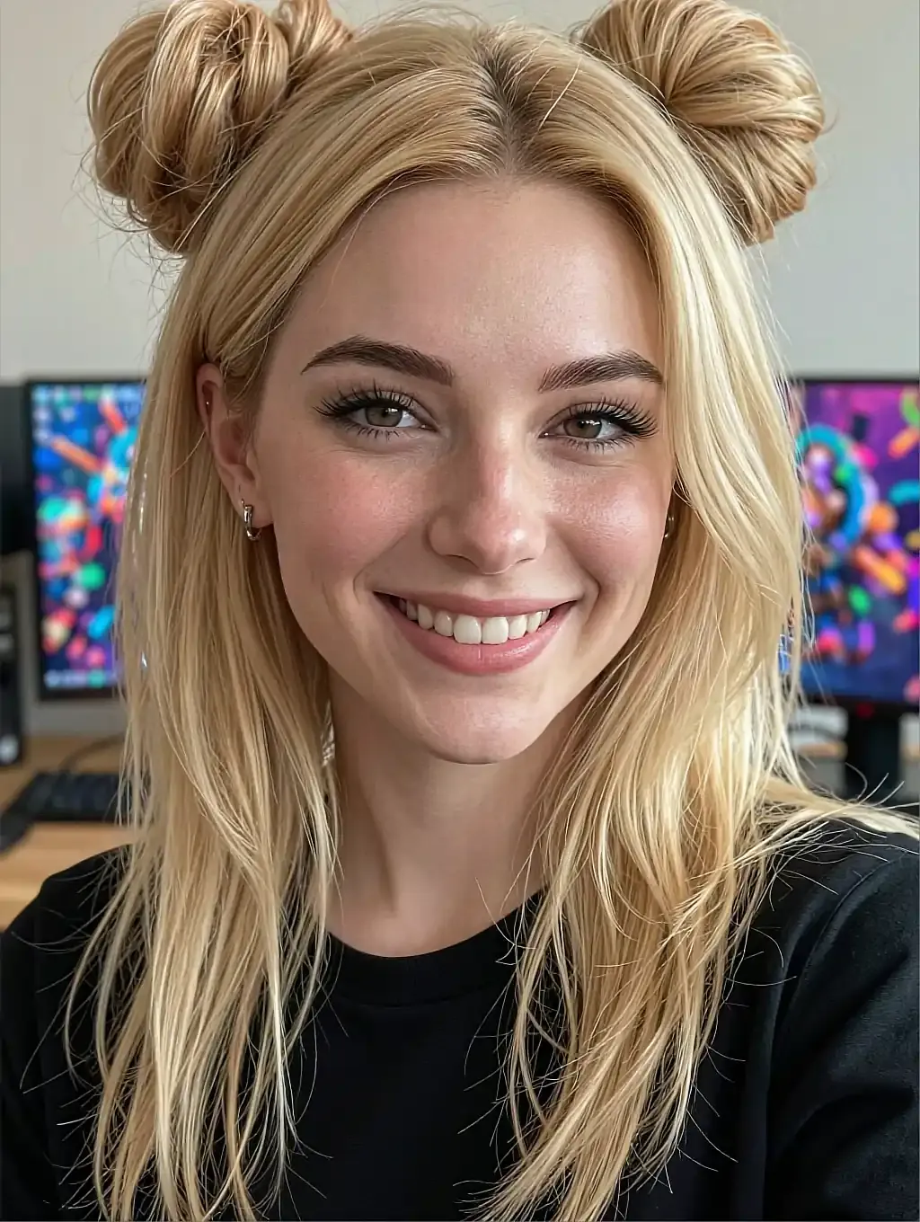 Fictional AI character in a light knit sweater in soft daylight